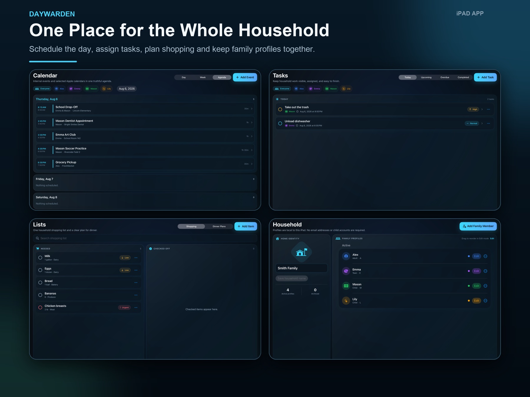 Daywarden dashboard showing a household schedule, assigned tasks, shopping list, dinner plan, quick actions, and music controls