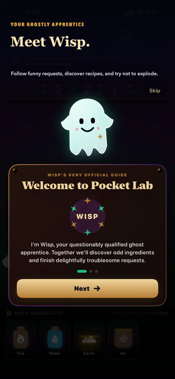 Wisp the ghost apprentice welcoming the player to Alchemy PocketLab