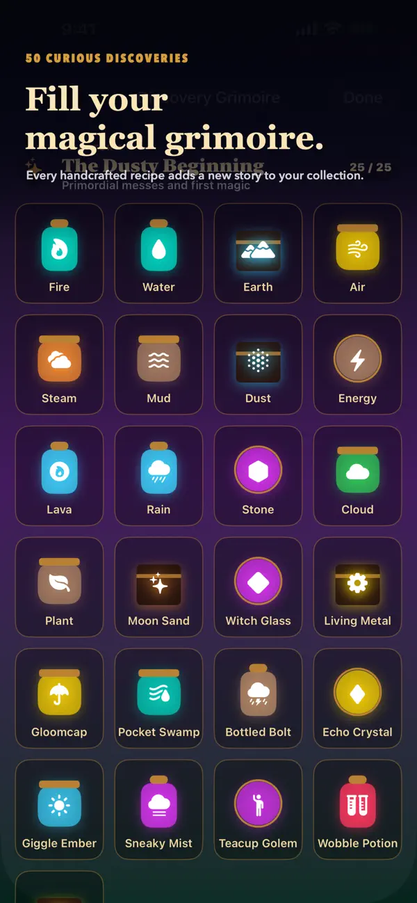 Alchemy PocketLab illustrated grimoire filled with discovered magical elements