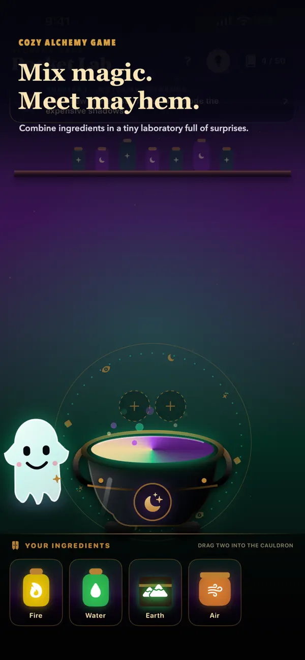 Alchemy PocketLab cauldron screen for combining Fire, Water, Earth, Air, and other ingredients
