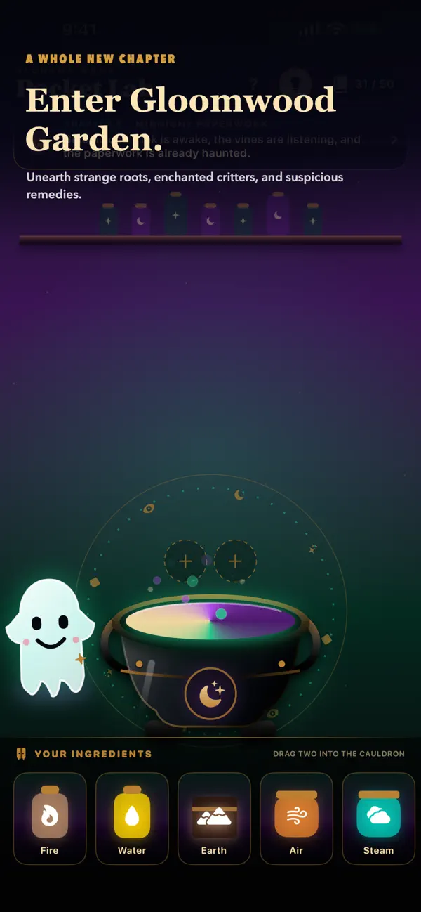 Alchemy PocketLab Gloomwood Garden chapter with a cauldron and ingredient tray