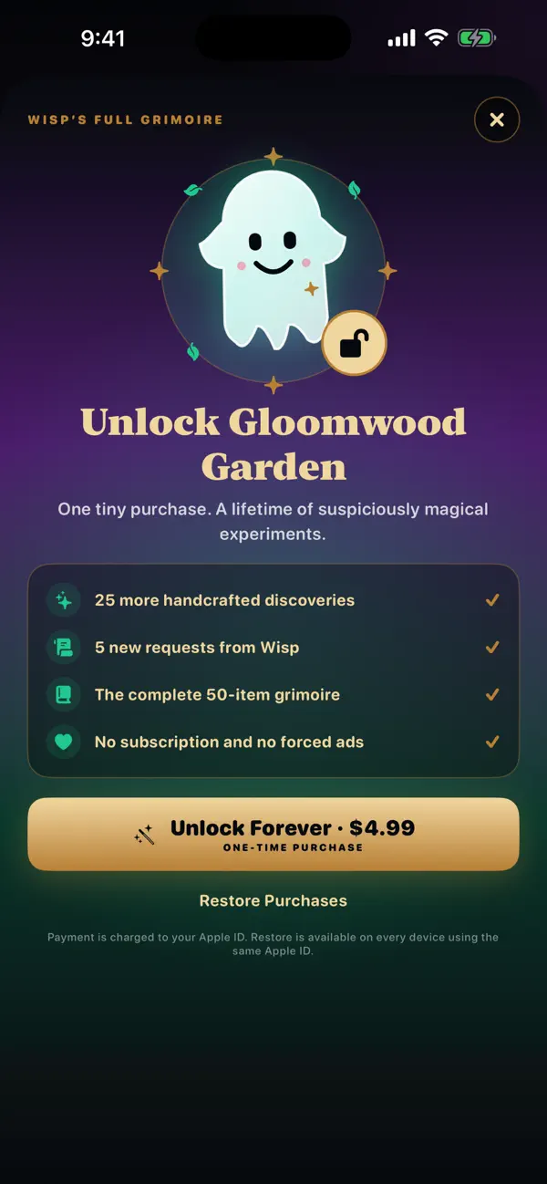 Alchemy PocketLab one-time Gloomwood Garden unlock showing 25 more discoveries and five Wisp requests