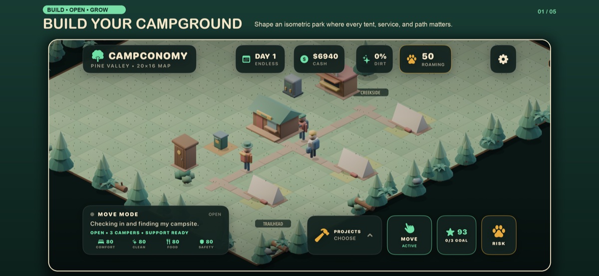 CampConomy fixed-isometric Pine Valley campground with tent sites and support buildings
