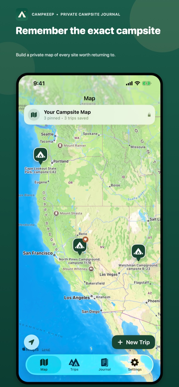 CampKeep campsite map showing saved camping trips and exact-site memories