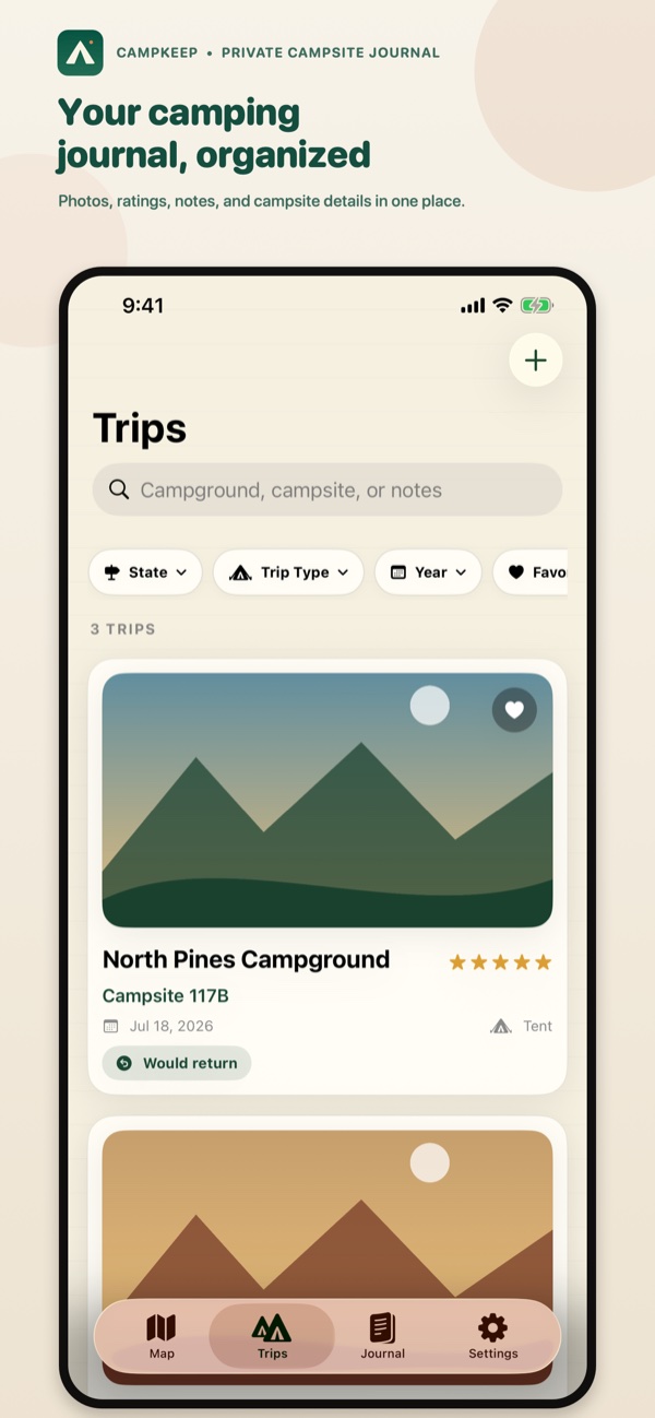CampKeep organized camping journal with trip photos and campsite details