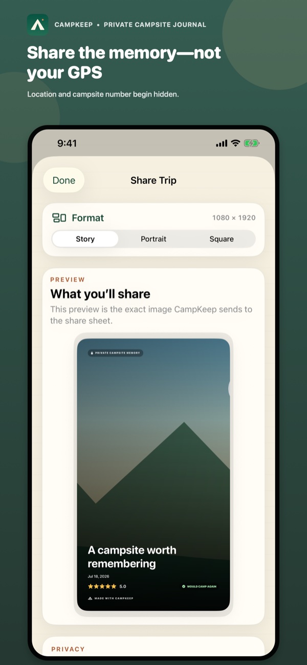 CampKeep privacy-conscious trip sharing controls that hide exact location details