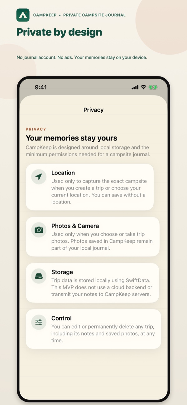 CampKeep private-by-design explanation for local camping memories