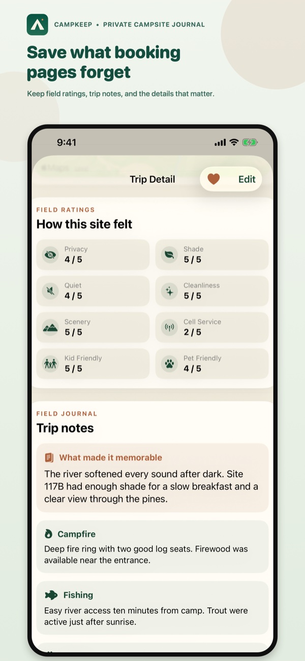 CampKeep campsite record with details reservation pages often forget