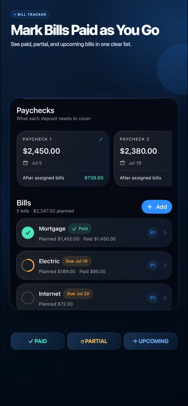 GlassLedger bill list with paid, partial, and upcoming payment statuses