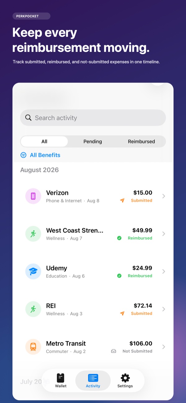 PerkPocket activity view showing pending reimbursement claims and their current status