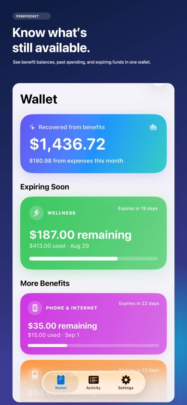 PerkPocket overview showing available employee benefit money