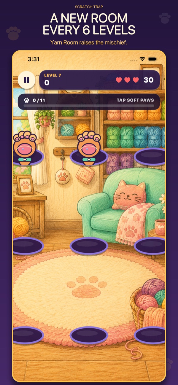 Scratch Trap Yarn Room gameplay introducing a new cat room after six levels
