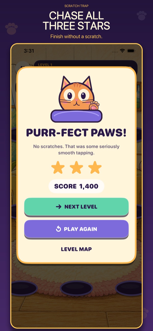 Scratch Trap level result showing the three-star score challenge