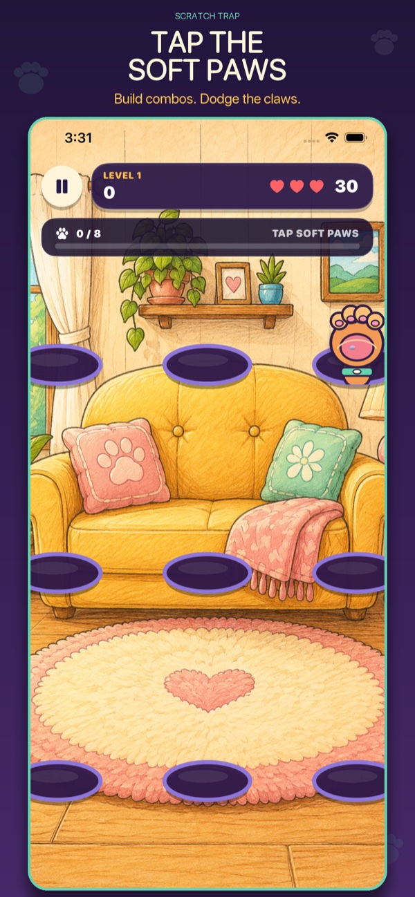 Scratch Trap gameplay showing safe soft paws to tap